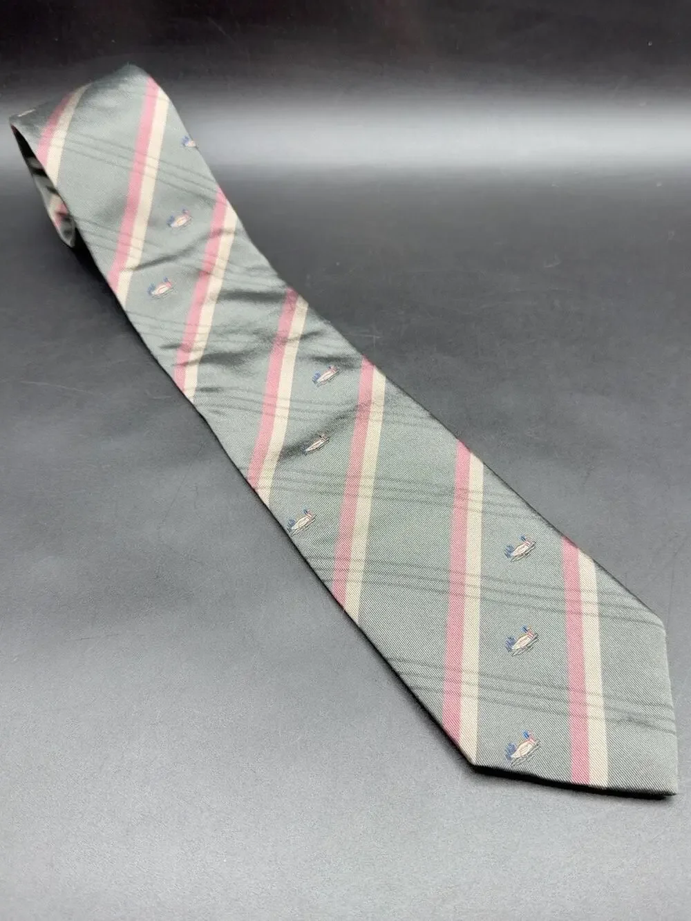 Vintage Stonehenge Silk Tie Mallard Duck Stripe Gray Pink 56” Novelty Necktie